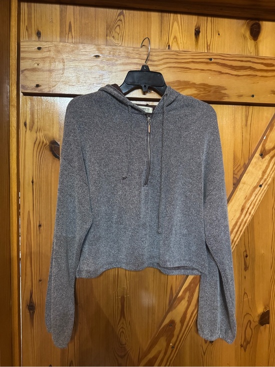 Ginger G Tops - Ginger G Gray/Brown Ribbed Half-Zip Hooded Pullover